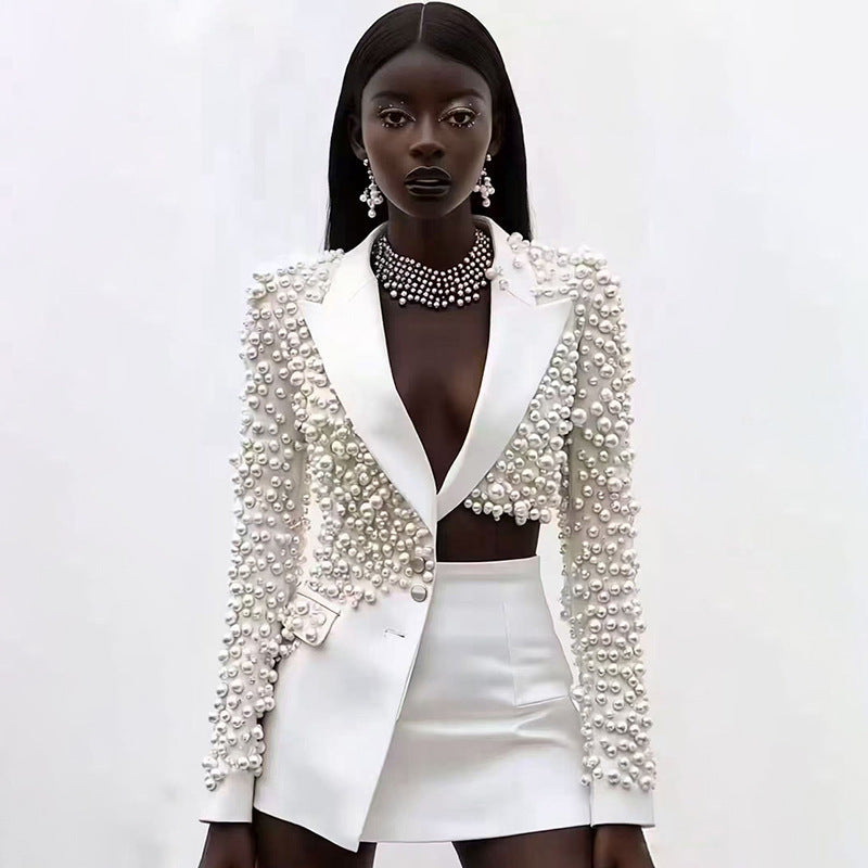 Womens Fashionable Deep V-Neck Heavy-Detailed Beaded Blazer And Skirt Set See size chart under “more details” The Fashion Celestial