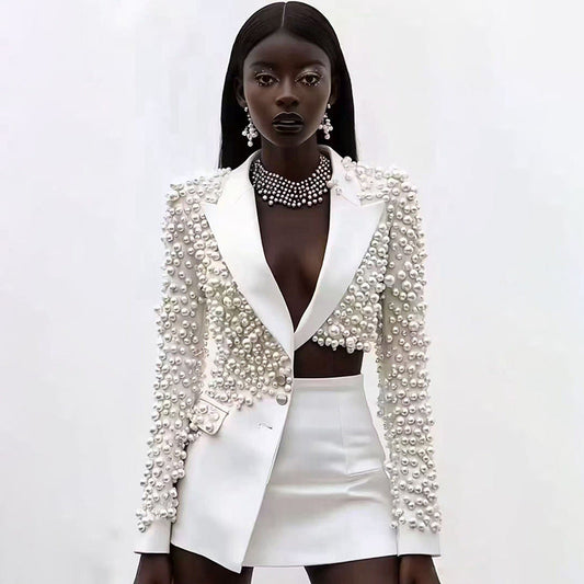 Womens Fashionable Deep V-Neck Heavy-Detailed Beaded Blazer And Skirt Set See size chart under “more details” The Fashion Celestial