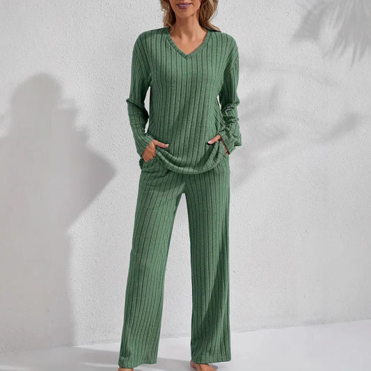 Women’s Ribbed Long Sleeve Top and Pants Loungewear Set FitiqueFit