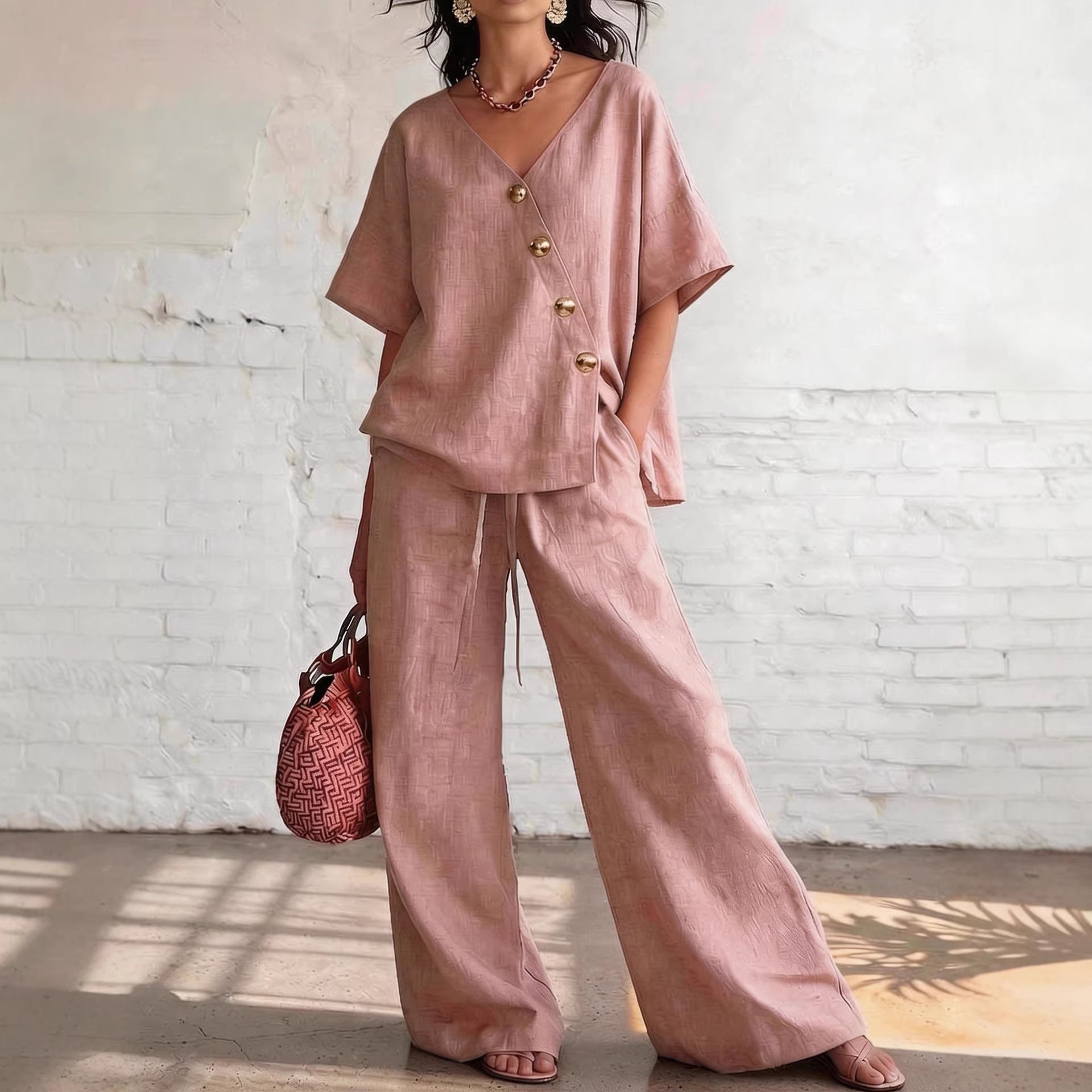 Women's Loose Cotton-Linen V-Neck Top & Wide-Leg Pants Set FitiqueFit