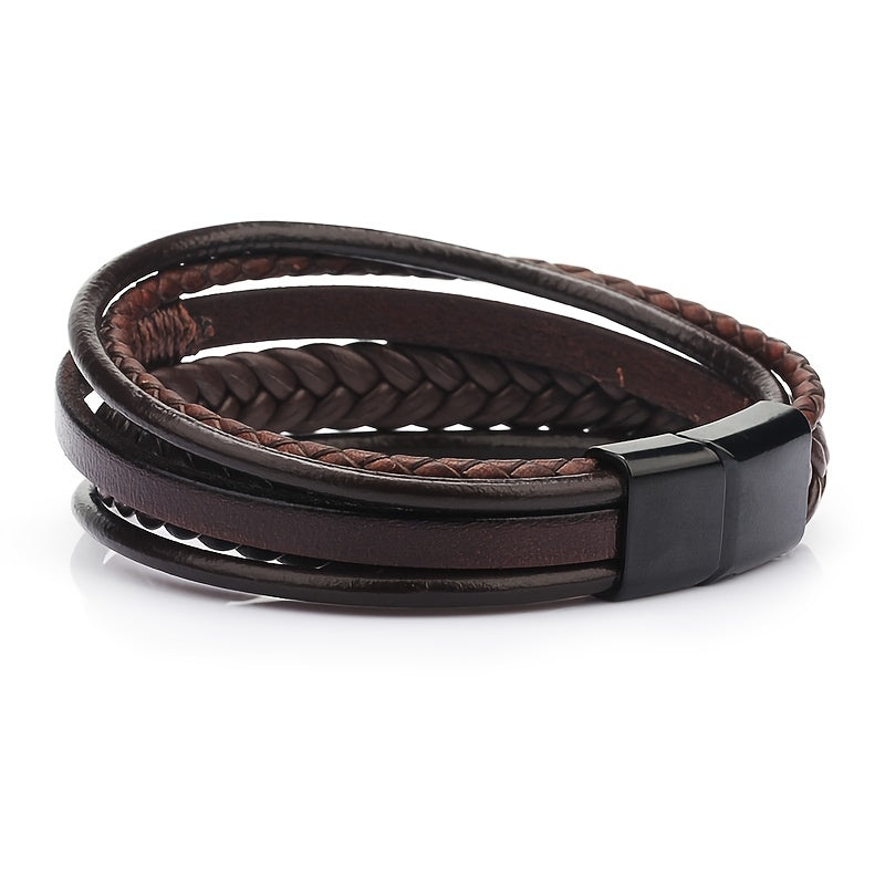 [Stylish Leather Bracelet] Stylish Durable 1pc Men's Hand-Woven Multi-Layer Leather Bracelet | with Buckle Closure, Versatile Accessory for Casual or Formal Wear NovaCart