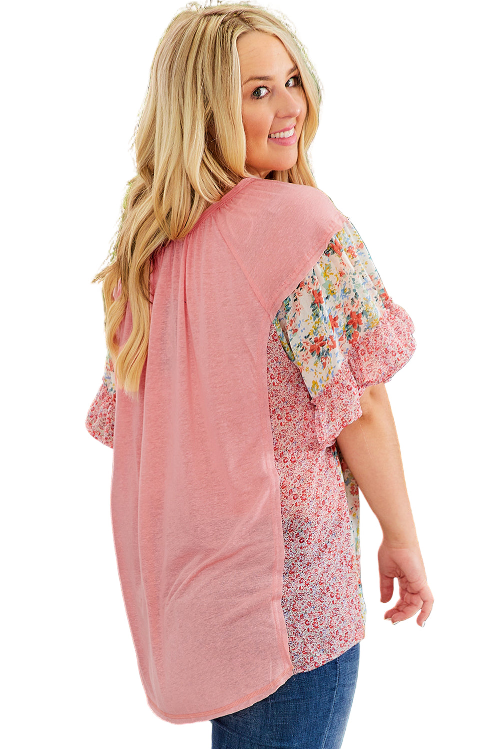 Pink Plus Size Floral Patchwork Ruffle Short Sleeve Blouse Garden Naked Curves
