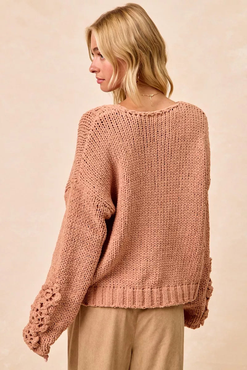 BiBi Chunky Knit Sweater with Flower Detail Sleeves FitiqueFit