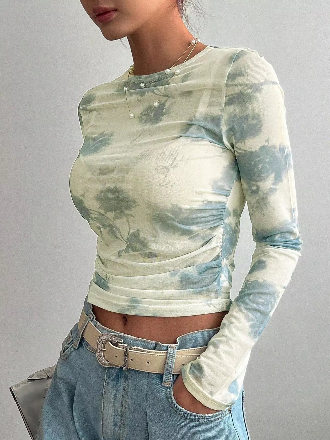 Floral Print Sheer Mesh Long Sleeve T-Shirt New Era Fashion LLc
