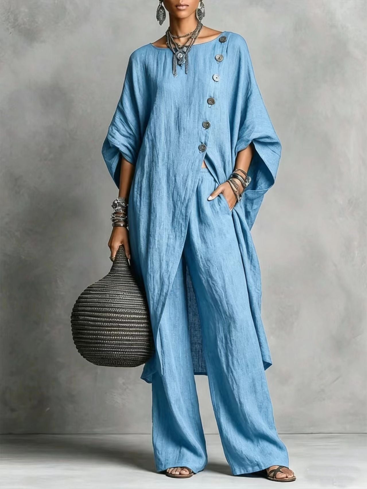 Women's Drop Shoulder Three-Quarter Sleeve Irregular Shirt & Pants Set FitiqueFit