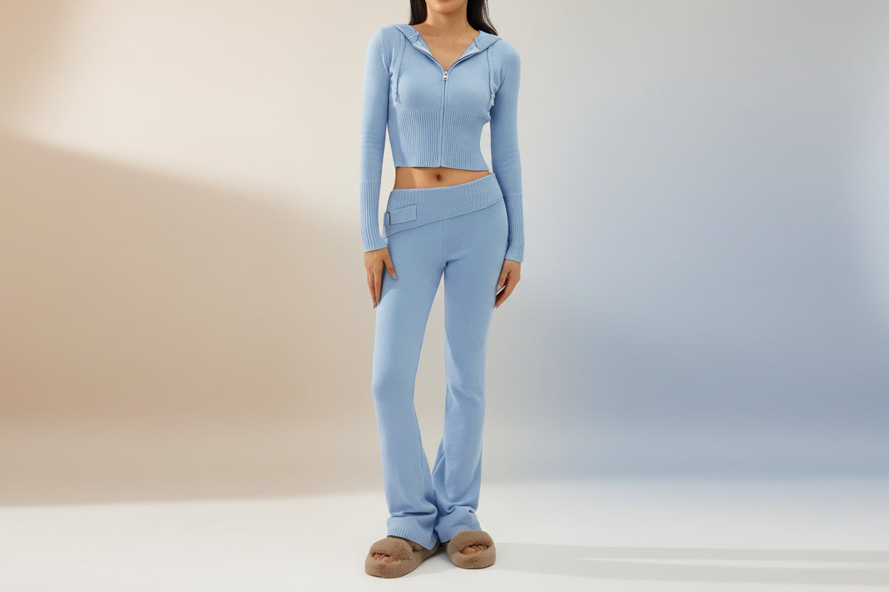 Women’s Knitted Hooded Two-Piece Set – Cardigan & High-Waisted Pants Suit FitiqueFit