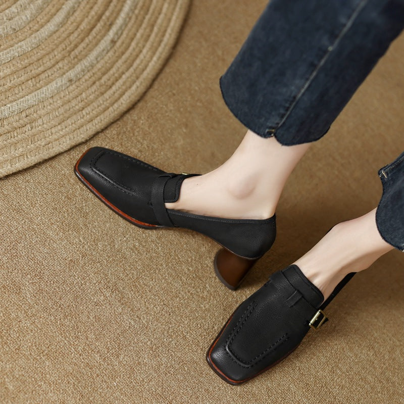 Women's Retro British Style Chunky Heel Leather Shoes – Round Toe Commuter FitiqueFit