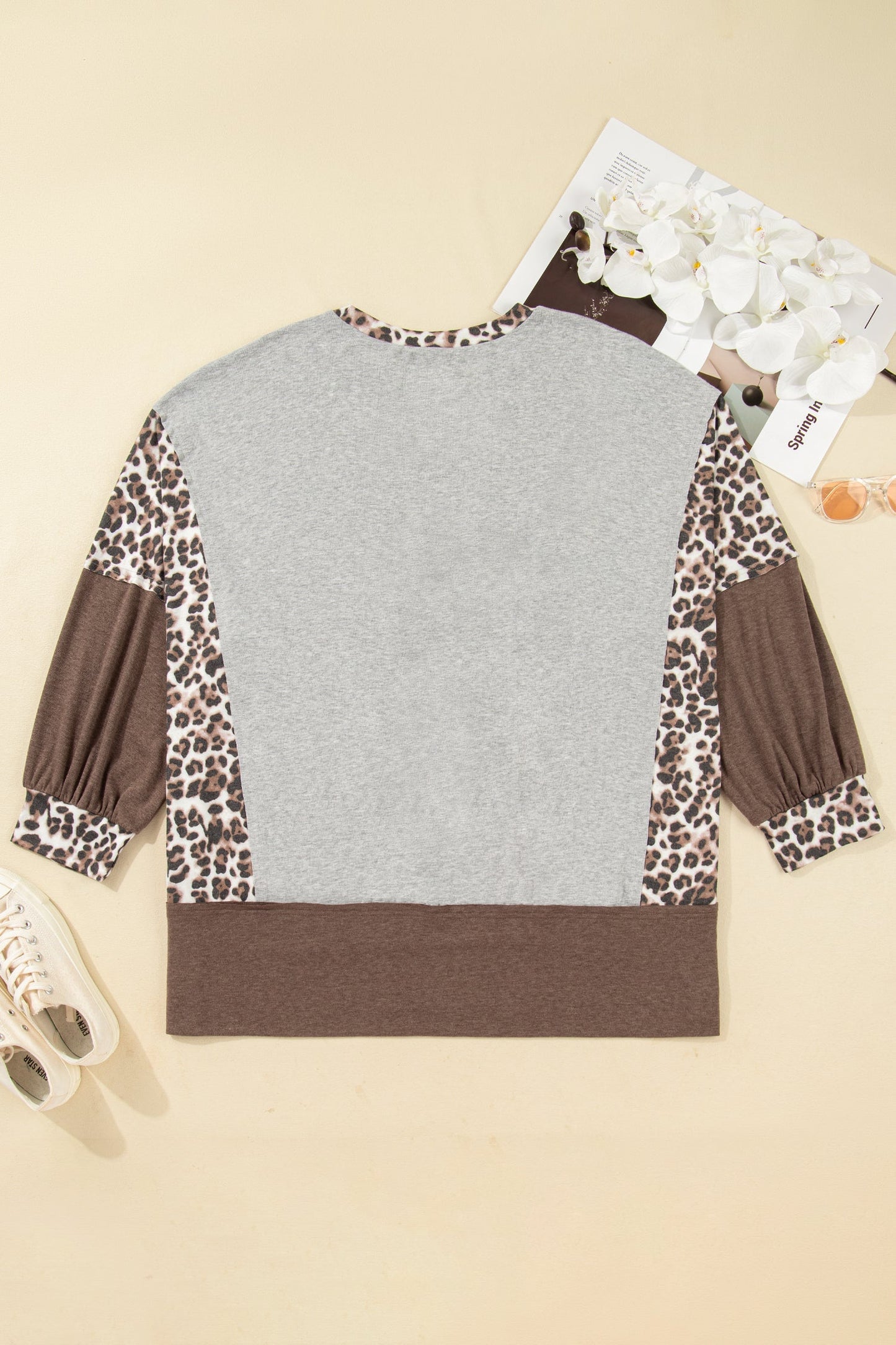 Gray Plus Size Leopard Color Block Patchwork Dolman Sweatshirt Garden Naked Curves