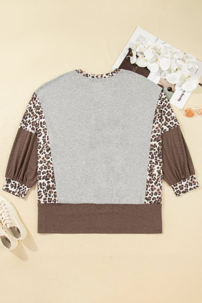Gray Plus Size Leopard Color Block Patchwork Dolman Sweatshirt Garden Naked Curves