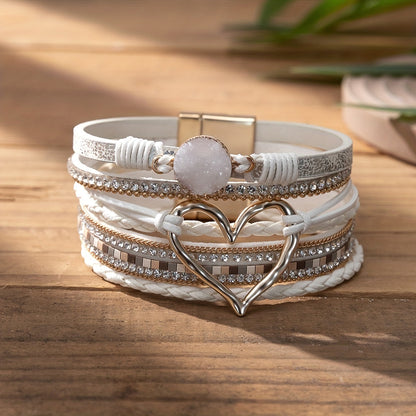 [Bohemian Heart Stone Bracelet] Bohemian Multi-Layer PU Leather Bracelet with Magnetic Clasp | Exaggerated Heart Stone Accent, Wide Cuff Statement Piece for Festival & Everyday, Style Layered Bangle - Year-Round Wear NovaCart
