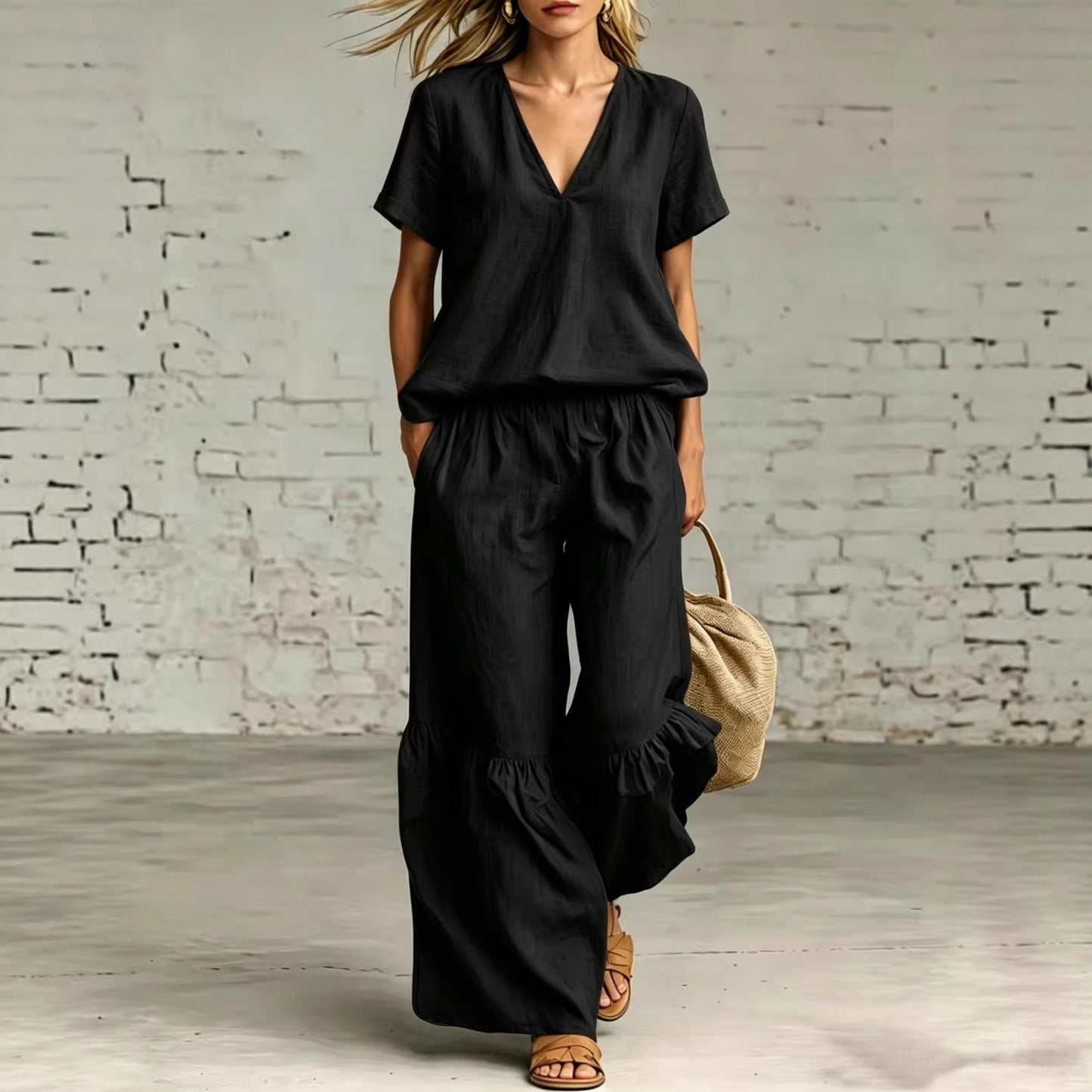 V-Neck Loose Short-Sleeve Top & Pants Set – 7 Colors, S–5XL FitiqueFit