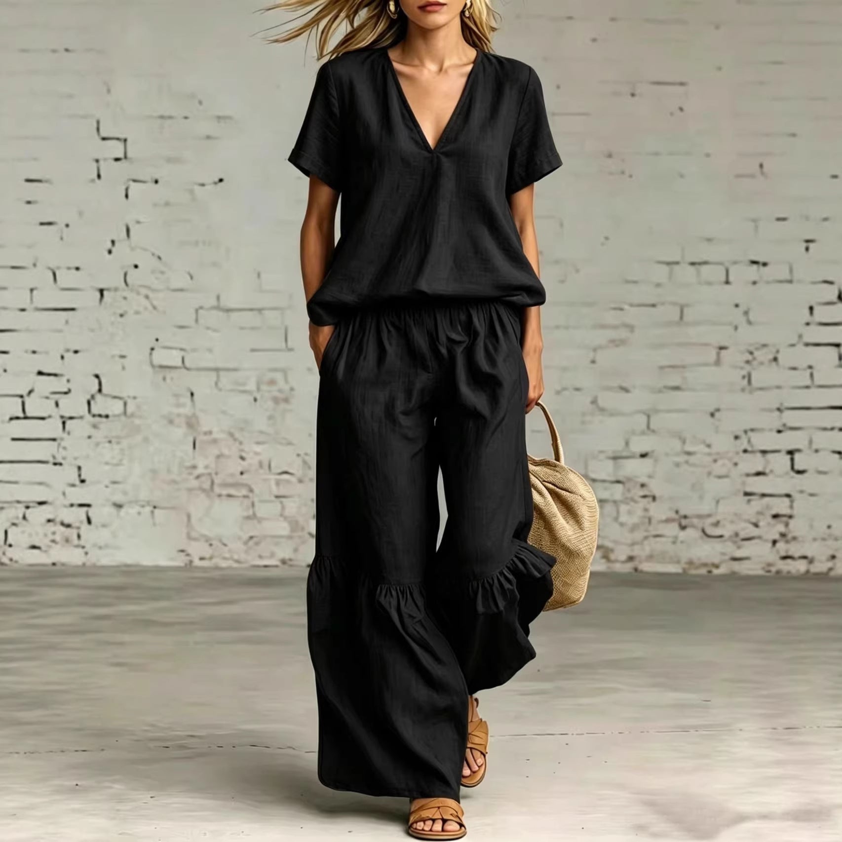 V-Neck Loose Short-Sleeve Top & Pants Set – 7 Colors, S–5XL FitiqueFit