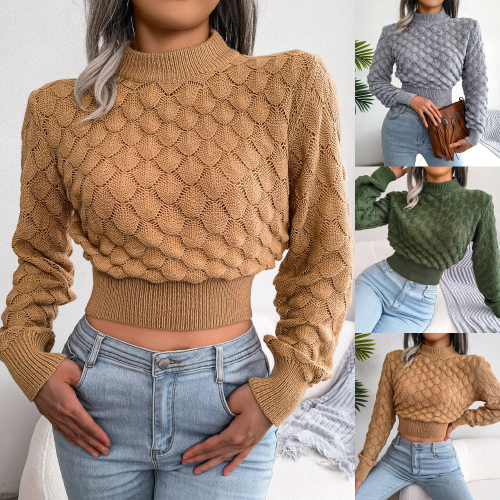 3D Diamond Long Sleeve Cropped Knit Sweater FitiqueFit