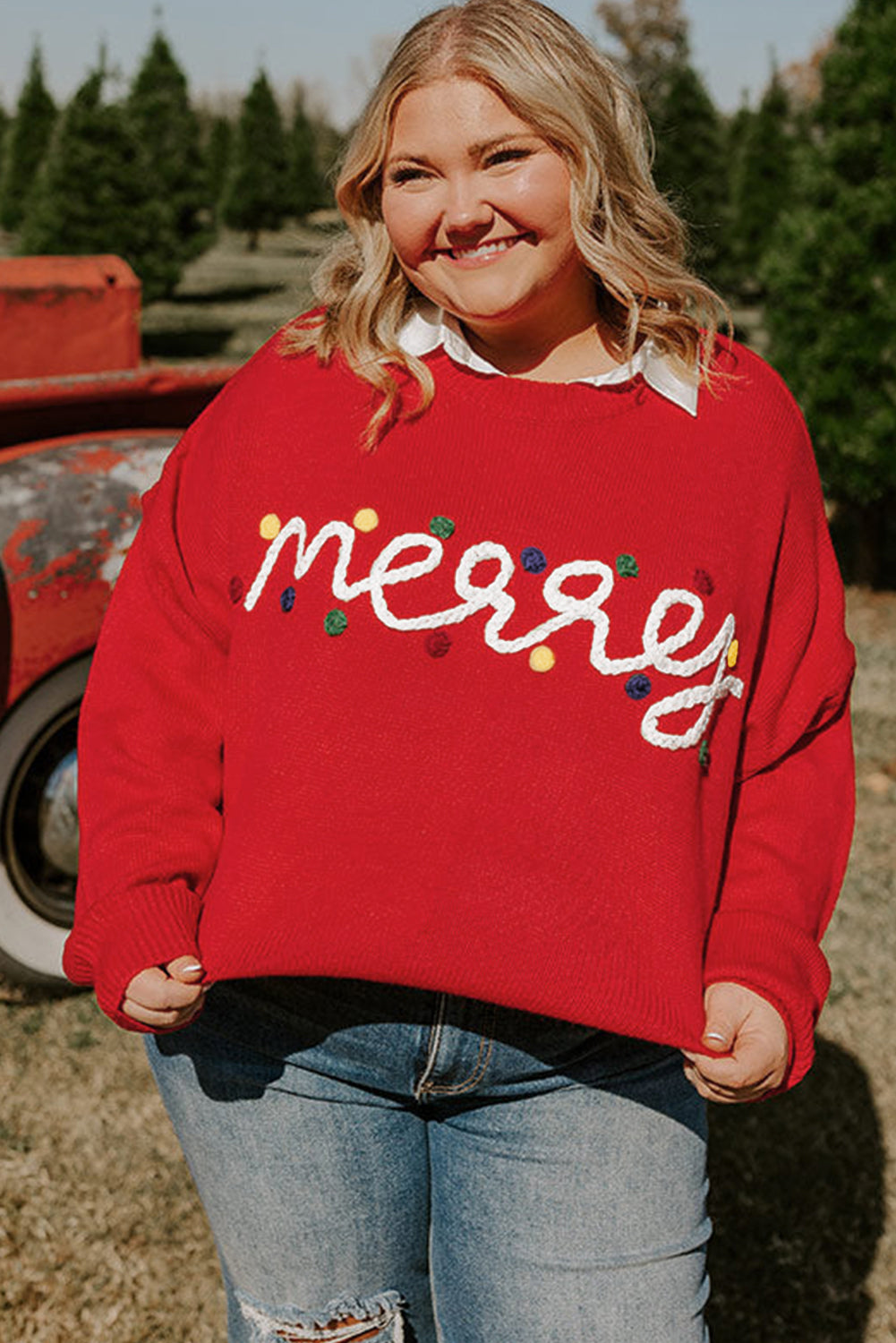 Fiery Red Merry Graphic Christmas Plus Size Sweater Garden Naked Curves