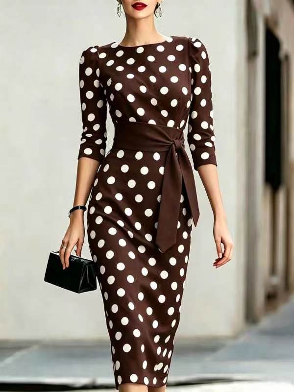 Women's Retro Polka-Dot Bodycon Midi Dress – Belted Cross-Tie FitiqueFit