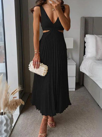 Ins Suspender Pleated Long Dress With Hollow-waisted Design Fashion V-neck Backless Dresses Summer Women's Clothing Grayceful LLC