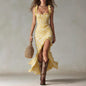 Ruffle Trim Asymmetrical Chiffon Maxi Dress – High Slit & High Waist FitiqueFit