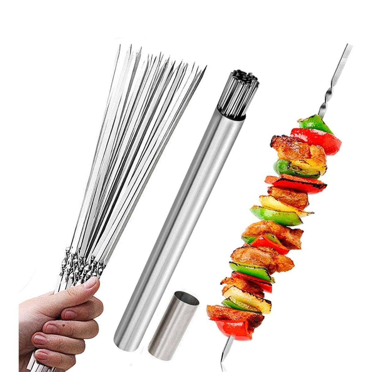 15pcs of Stainless Steel Skewers And 1 Storage Tube for Barbecuing; Reusable Grill Skewers for Shish Kebab And Camping Flat Forks Gadgets NovaCart