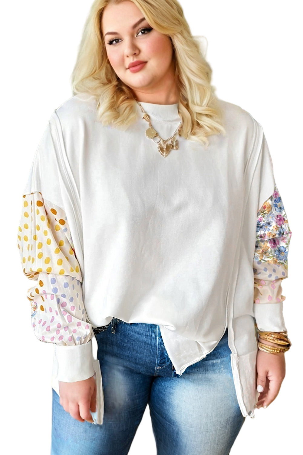 White Plus Size Exposed Seam Detail Contrast Dot Floral Patchwork Sleeve Sweatshirt Garden Naked Curves