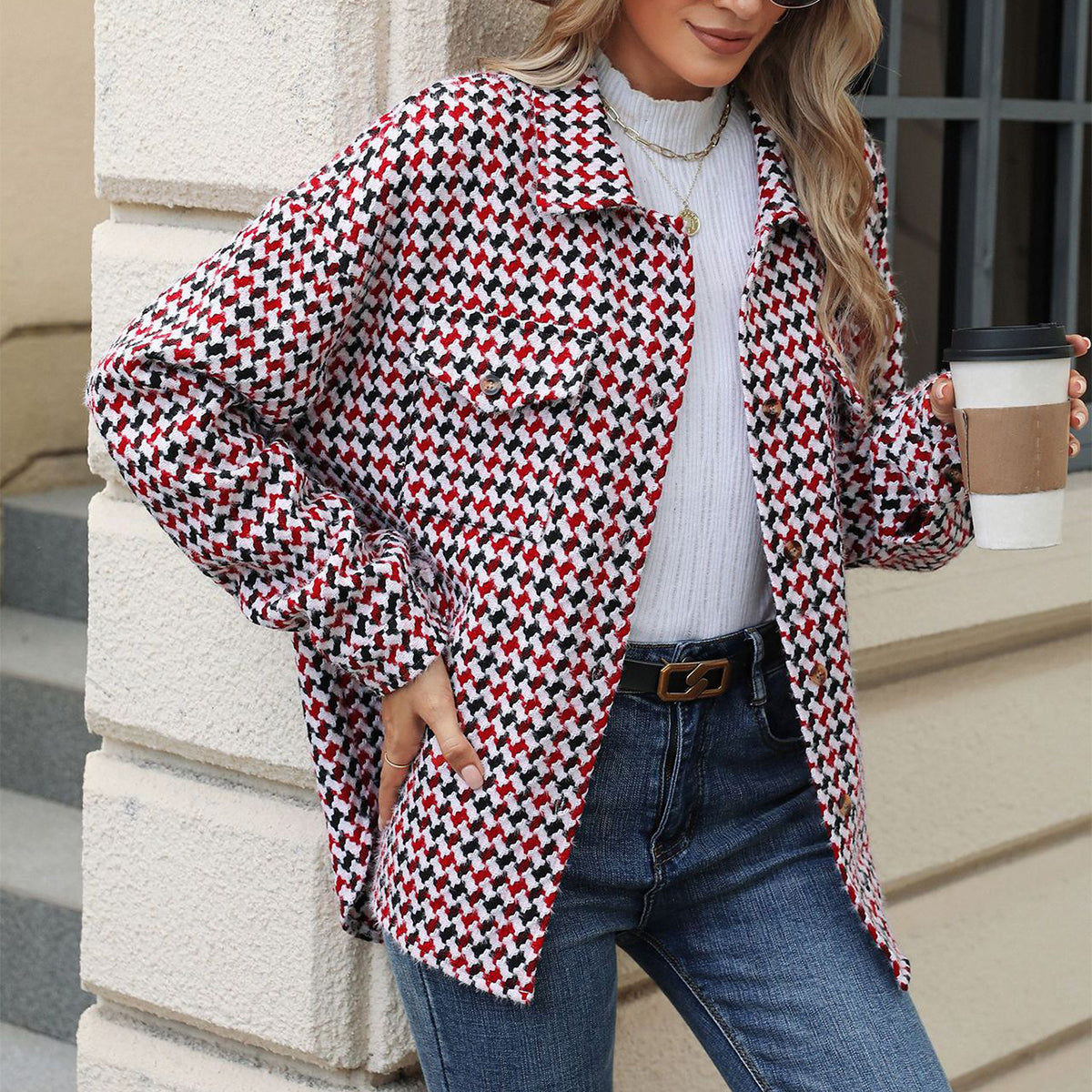 Fashion Houndstooth Lapel Tweed Coat Casual Loose Long Sleeve Jacket With Pocket Outwear Tops For Womens Clothing See size chart under “more details” The Fashion Celestial