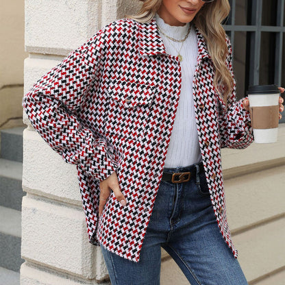 Fashion Houndstooth Lapel Tweed Coat Casual Loose Long Sleeve Jacket With Pocket Outwear Tops For Womens Clothing See size chart under “more details” The Fashion Celestial