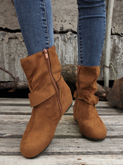 Ankle Boots  Round Toe Buckle Belt Side Zipper Boots