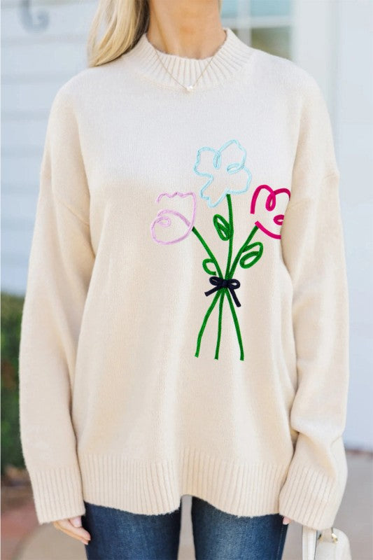 Embroidered Flower Ribbed Loose Sweater Shop Style & More | Fresh Looks, Everyday Deals & Free Shipping