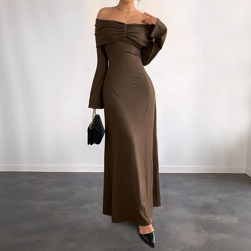 Brown Off-shoulder Slim Women's Dress Grayceful LLC