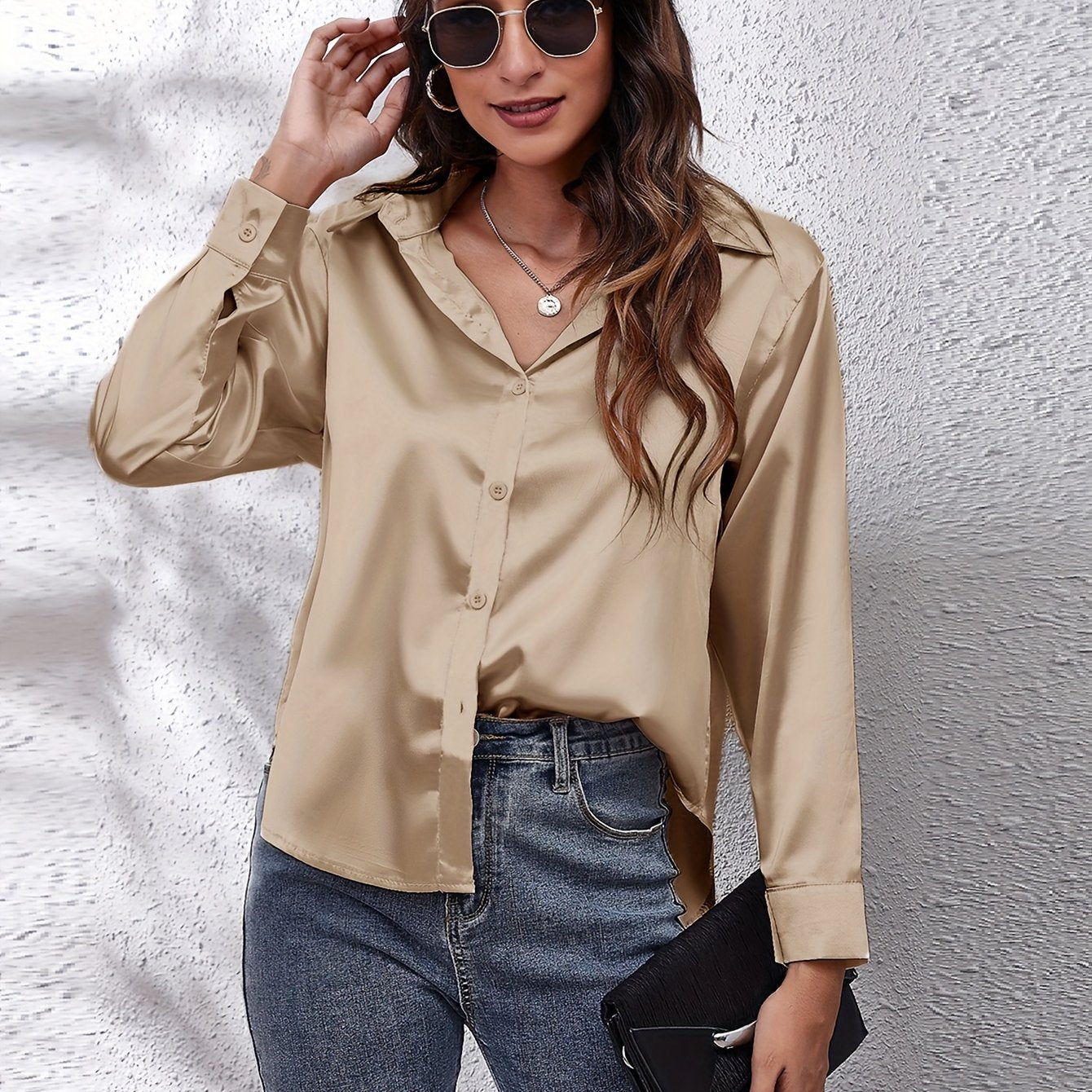 Hot Style In-Kind Shooting Satin Shirt Women'S Satin Imitation Long-Sleeved Shirt New European And American Cross-Border Women'S Clothing NovaCart
