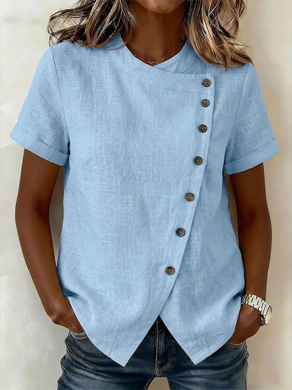 Women's Cross-Neckline Asymmetrical Hem Cotton Linen Top – Loose Fit FitiqueFit