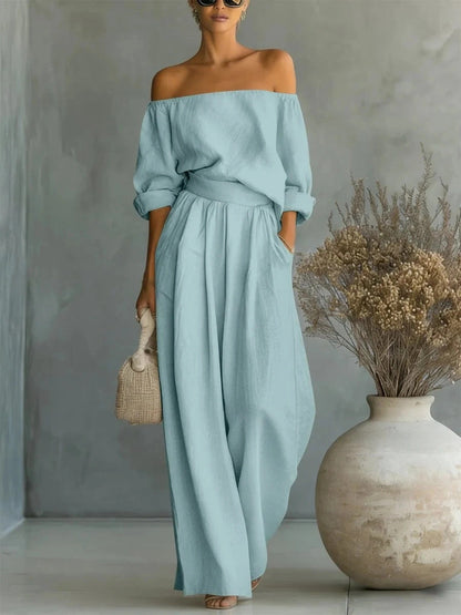 Women's Off-Shoulder Long-Sleeve Top & Wide-Leg Pants Two-Piece Set FitiqueFit