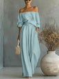 Women's Off-Shoulder Long-Sleeve Top & Wide-Leg Pants Two-Piece Set FitiqueFit