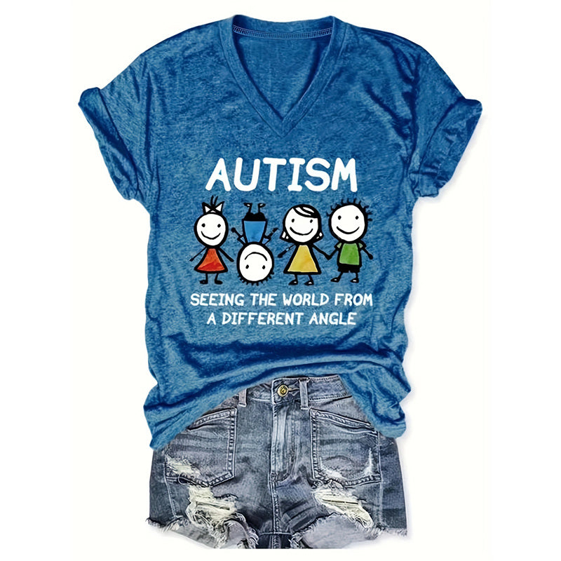 V-Neck 'AUTISM' Letters & Cartoon Children Print Tee FitiqueFit