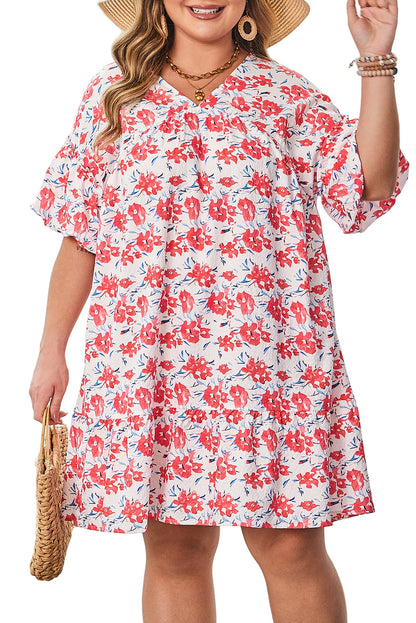 Red Floral Ruffled Half Sleeve V Neck Plus Size Dress Garden Naked Curves