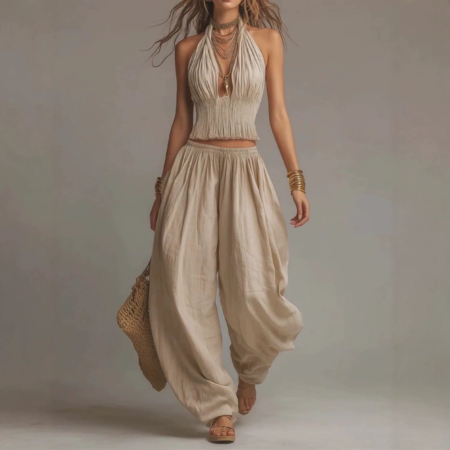 Women's Sleeveless Backless Halter Top & Wide-Leg Pants Set FitiqueFit