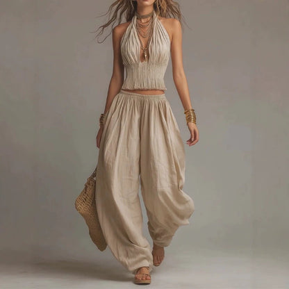 Women's Sleeveless Backless Halter Top & Wide-Leg Pants Set FitiqueFit