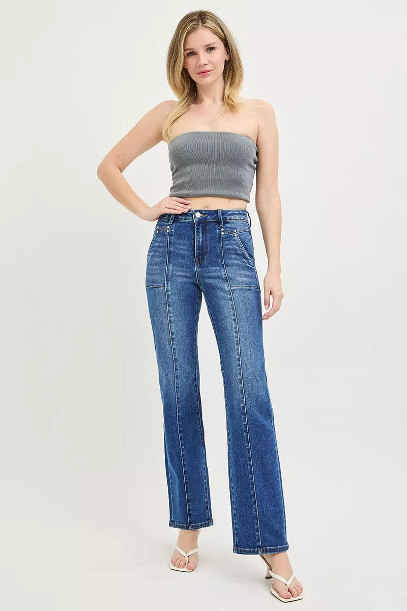 RISEN High Rise Straight Patch Pocket Seamed Jeans New Era Fashion LLc