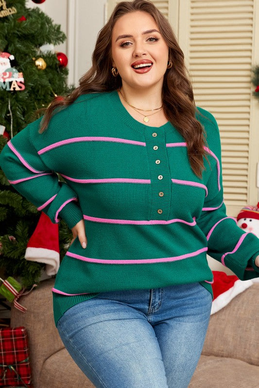 Plus Size Stripe Half Button Drop Shoulder Sweater Shop Style & More | Fresh Looks, Everyday Deals & Free Shipping