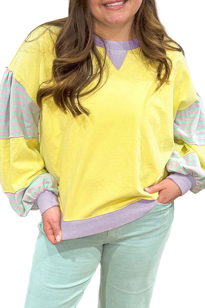 Yellow Striped Colorblock Patchwork Plus Size Pullover Sweatshirt Garden Naked Curves