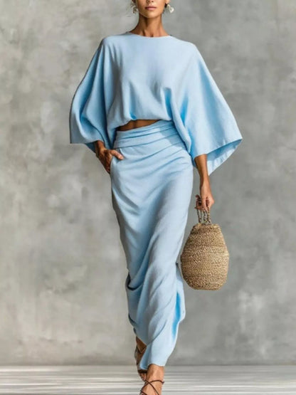 Full Size Kimono Sleeve Top and Ruched Skirt Set Plus Size See size chart under “more details” The Fashion Celestial