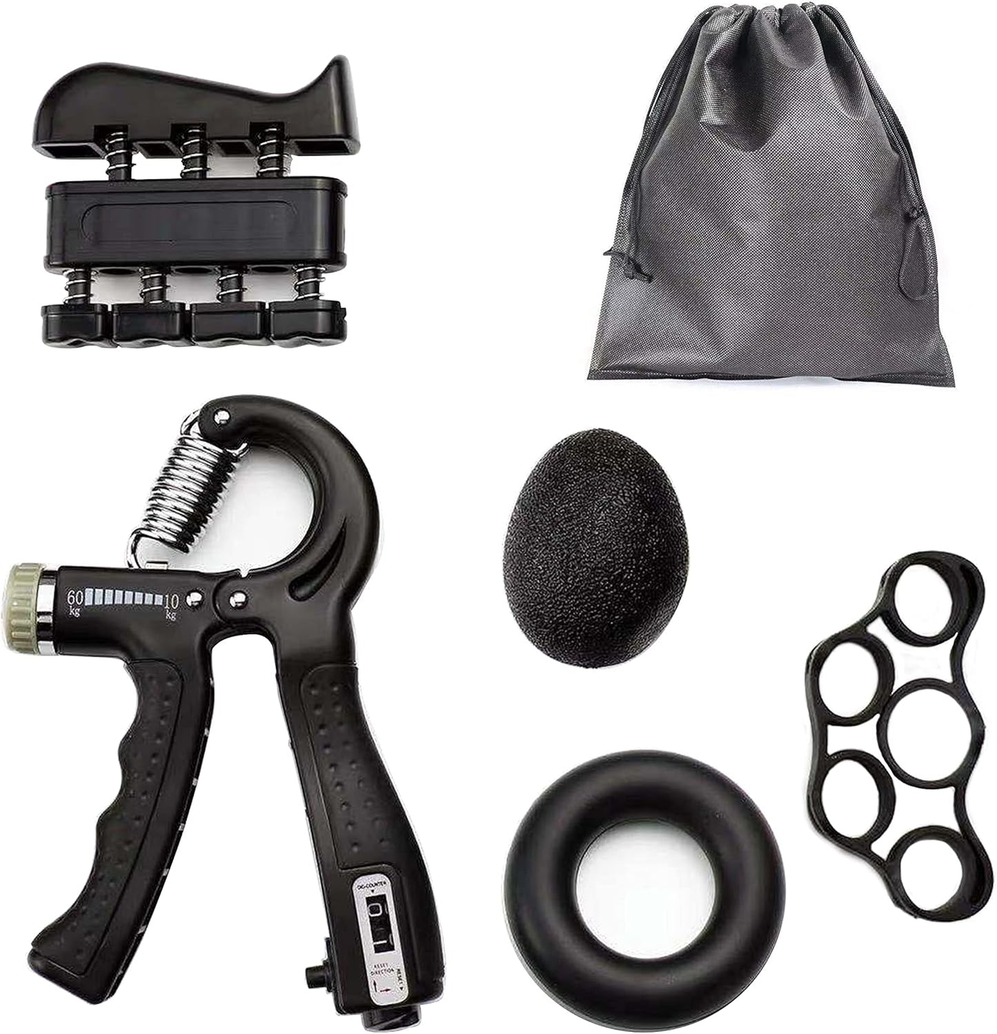 Grip Strength Trainer Kit, Counting Adjustable Hand Grip Strengthener, Finger Trainer, Finger Stretcher, Grip Ring & Stress Relief Grip Ball for Hand Exercising, Muscle Builder, Pain Relief Black