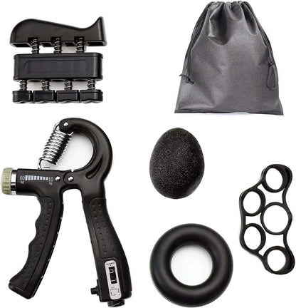 Grip Strength Trainer Kit, Counting Adjustable Hand Grip Strengthener, Finger Trainer, Finger Stretcher, Grip Ring & Stress Relief Grip Ball for Hand Exercising, Muscle Builder, Pain Relief Black