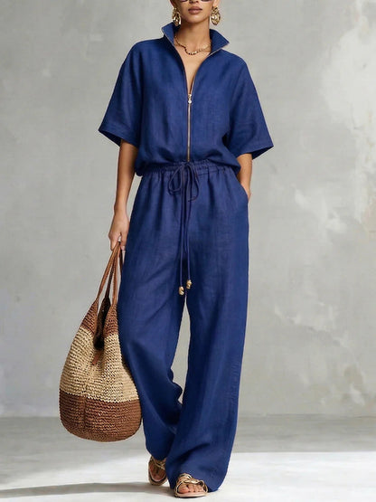 Women's Zip-Up Crew-Neck Top & Wide-Leg Pants Set FitiqueFit