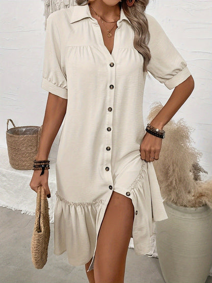 Women's Puff Sleeve Ruffled Hem Mini Dress – Solid Color FitiqueFit