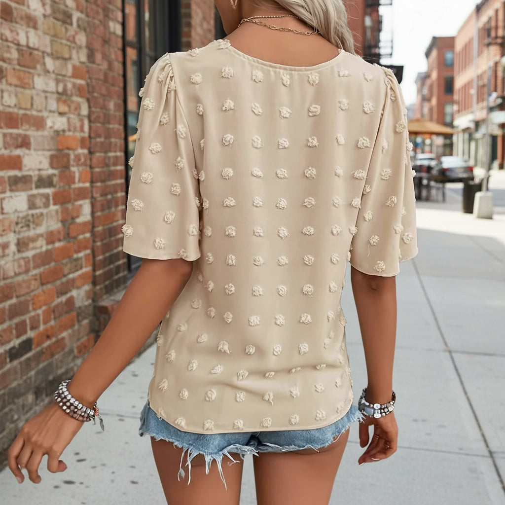 Women's V-Neck Lace-Trim Swiss Dot Short-Sleeve Top – Casual Loose Fit FitiqueFit