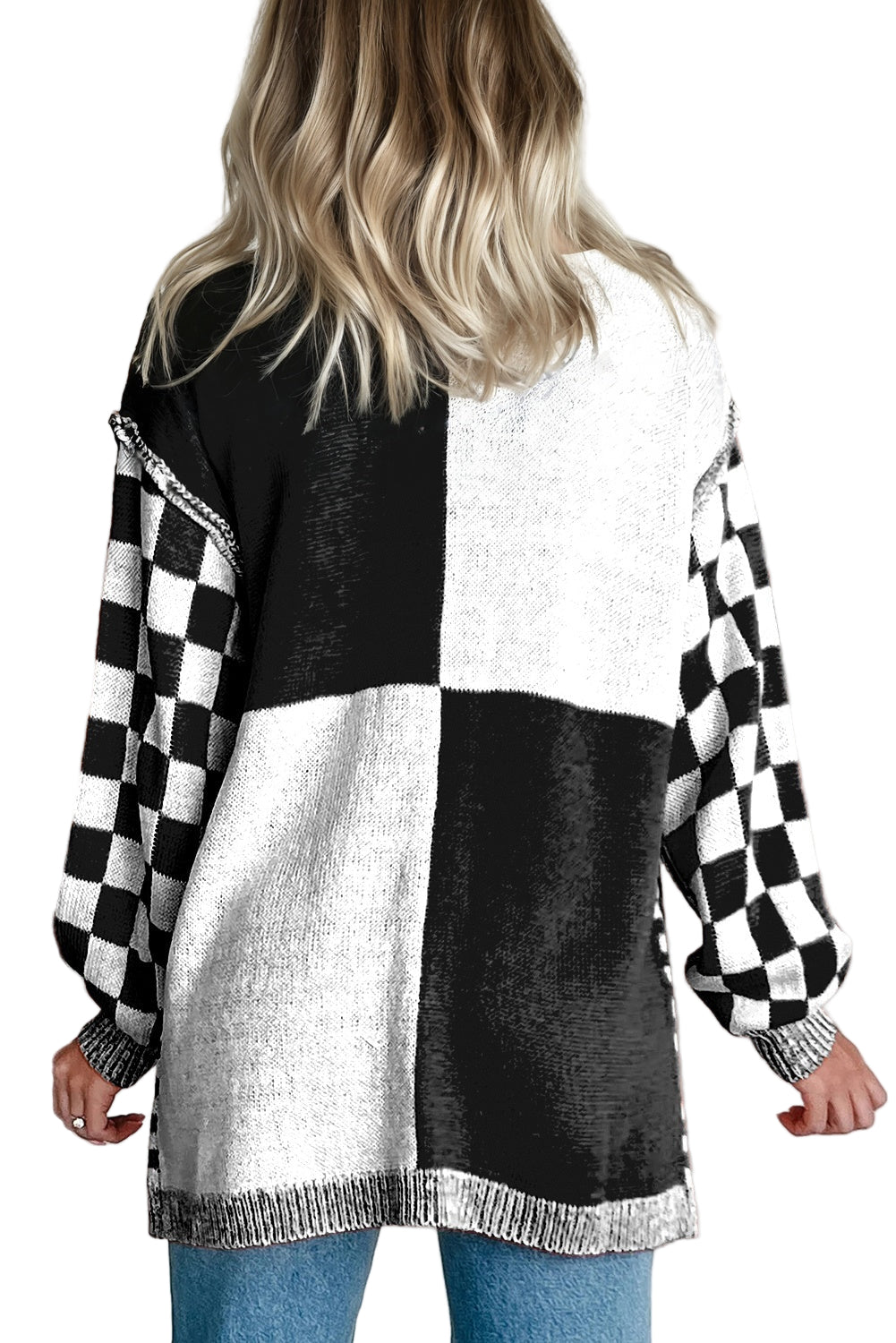 Orange Plus Size Checkered Bubble Sleeve Drop Shoulder Open Cardigan Garden Naked Curves