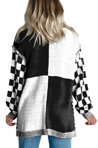 Orange Plus Size Checkered Bubble Sleeve Drop Shoulder Open Cardigan Garden Naked Curves