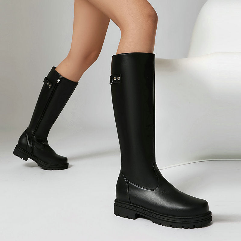 Women’s Retro British-Style Riding Boots – Leather Belt Buckle Knee Boots FitiqueFit