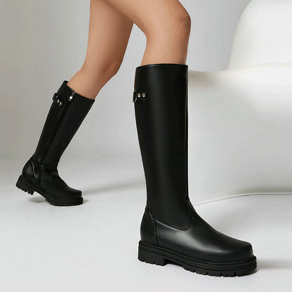 Women’s Retro British-Style Riding Boots – Leather Belt Buckle Knee Boots FitiqueFit
