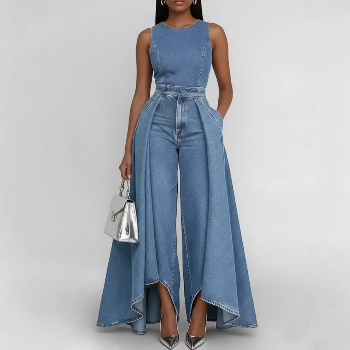 Women’s Crew Neck Sleeveless Wide-Leg Denim Jumpsuit FitiqueFit